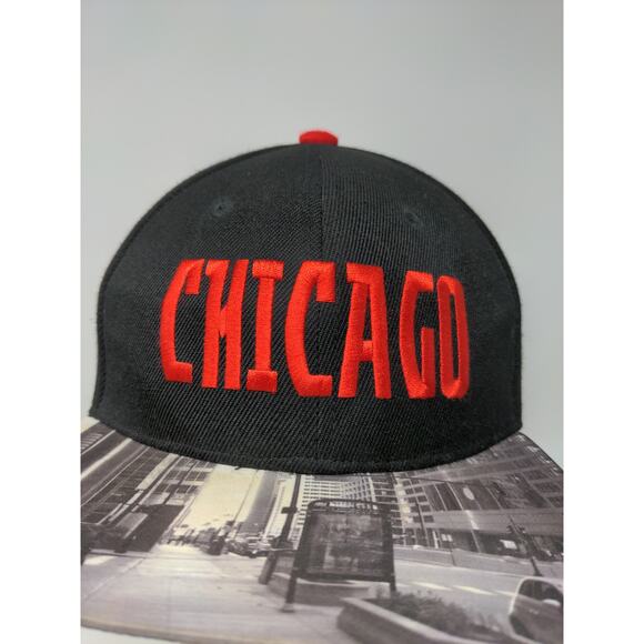 Chicago Snapback Hat Embroidered Spell Out Red & Black OSFM Picture Bill - Picture 3 of 11